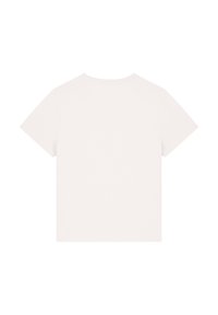 Weißes Baumwoll-T-Shirt mit kurzen Ärmeln, runder Ausschnitt und glatter, einfarbiger Textur. Keine sichtbaren Muster oder Grafiken auf der Rückseite.