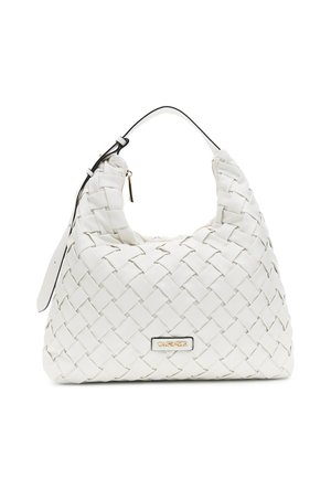 Bílá taška z tkané kůže s jedním ramenním popruhem a zlatým jezdcem zipu, zdobená malou obdélníkovou zlatou logovou destičkou.