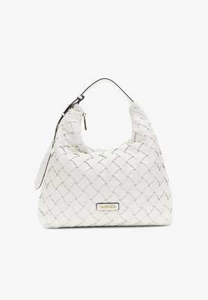 Witte geweven leren handtas met een enkele schouderriem en een gouden ritstrekker, voorzien van een klein rechthoekig gouden logoplaatje.