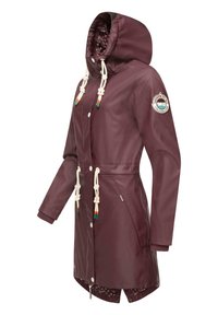 Burgundy waterproof raincoat with a hood, drawstring, and white hardware. Features long sleeves and a patterned interior lining.