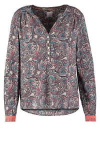 Blouse à manches longues à motifs dans des tons de marine, rose et teal, avec un col en V, une patte de boutonnage et des accents en dentelle aux poignets. Tissu léger.