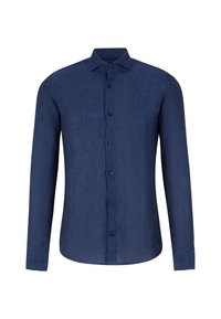 Navyblaues Langarmshirt aus strukturiertem Stoff, mit Knopfleiste, klassischem Kragen und geradem Saum.