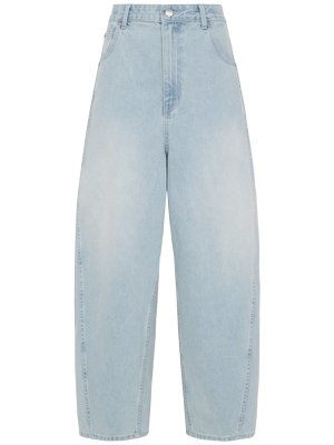 Lyseblå højtaljede denimjeans med vide ben, frontknap og lynlås, bæltestropper og sidelommer.