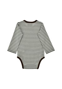 Long-sleeve bodysuit featuring gray and white horizontal stripes, brown accents at the neckline and leg openings, made from soft fabric.