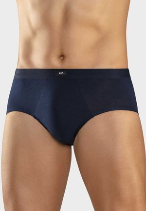 Dunkelblaue Baumwollslips mit hohem Beinansatz, ausgestattet mit einem weichen Elastikbund, der mit "H.I.S." beschriftet ist. Glatte Textur und enganliegendes Design.