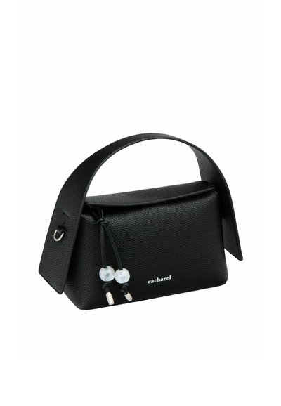 Borsa a mano in pelle nera con finitura testurizzata, forma strutturata, manico largo e dettagli decorativi con cordoncino e perline. Logo del marchio visibile.
