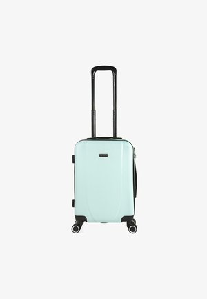 Maleta de mano rígida en verde menta, con un mango telescópico negro, cuatro ruedas giratorias y una superficie lisa.