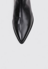 Botín de cuero negro hasta el tobillo con punta afilada, textura suave y detalles de costura mínimos. Diseño elegante con una suela negra sólida.