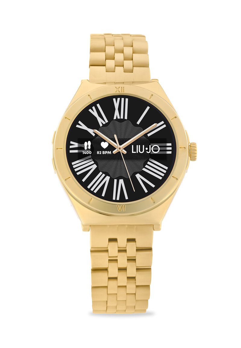 Gold-tone watch with a round black face, Roman numeral markers, and a linked metal strap. Features a heart rate and step count display.