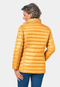 Doudoune jaune avec un design matelassé, col haut et manches longues, fabriquée dans un matériau léger et brillant ; vue de dos montrée.