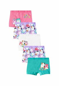 Set di cinque pantaloni corti per bambini in vari colori; i materiali presentano fantasie giocose di animali e design con il testo "Squishmallows".