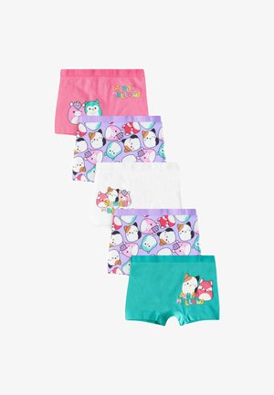 Set van vijf kinderbroekjes in diverse kleuren; de materialen hebben speelse patronen van dieren en ontwerpen met de tekst "Squishmallows".