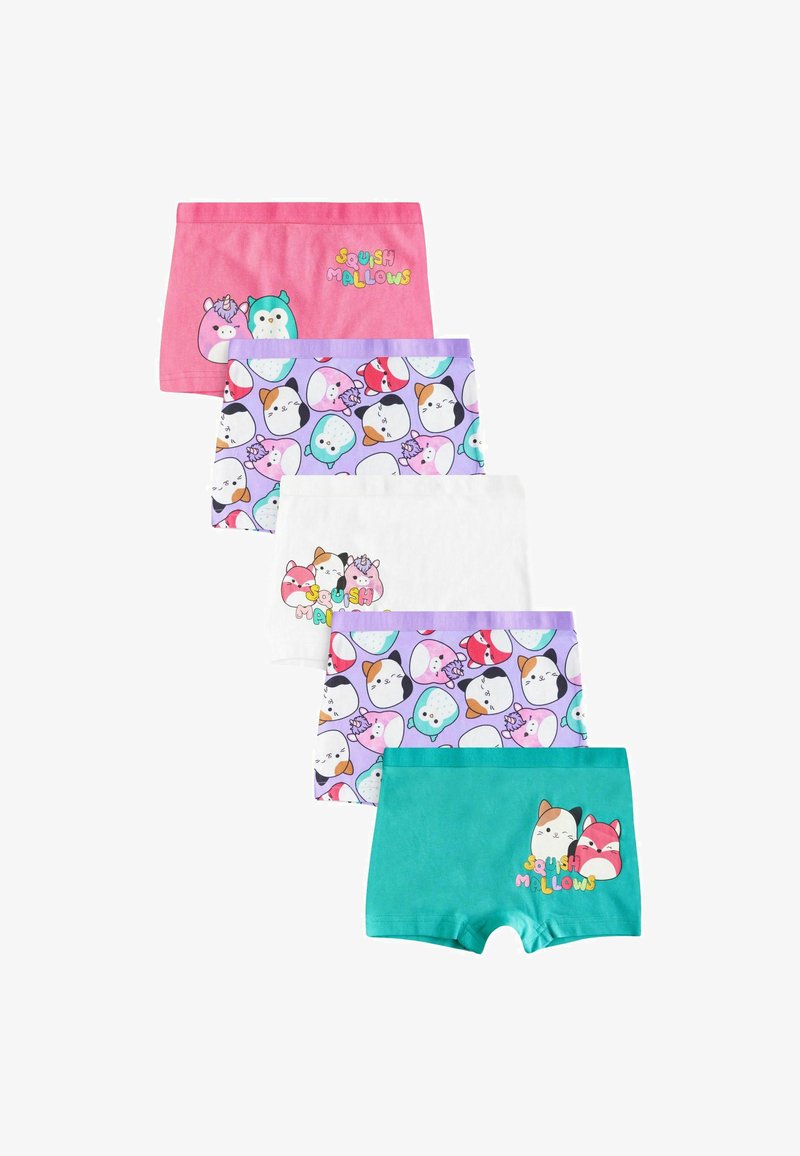 Öt darab gyermeki lötyögő különböző színekben; az anyagok játékos állatmintákkal és "Squishmallows" felirattal díszítettek.