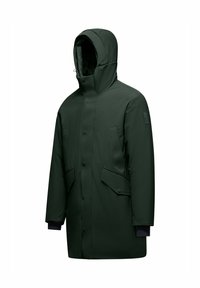 Parka impermeabile verde scuro con cappuccio, dotata di chiusura a bottoni, due tasche frontali e polsini a costine. Texture del tessuto liscia e opaca.