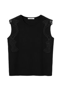 Fekete ujjatlan felső, bonyolult fekete csipke díszítéssel a vállnál, kerek kivágással és egyenes szabással.
