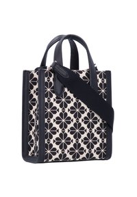 Borsa a mano in tela nera e crema con motivo floreale, dotata di rifiniture in pelle, due manici e una tracolla in tessuto staccabile.