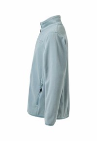 Veste polaire bleu clair avec col montant, manches longues et poches latérales zippées, vue de côté.