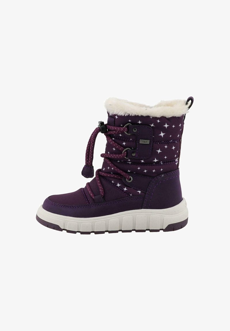 Botte d'hiver pour enfants violette avec motif d'étoiles blanches, doublure en fausse fourrure blanche, lacets réglables et semelle épaisse en caoutchouc blanc.