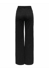 Pantalon large noir taille haute, confectionné en denim. Comprend deux poches arrière et une texture lisse, adapté à une tenue décontractée.