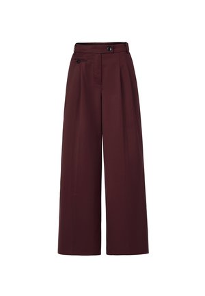 Hoch taillierte Weitbein-Hosen in tiefem Burgunderrot mit knopfleiste und zwei knöpfbaren Taschen am Bund.