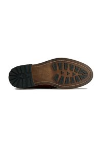 Men's shoe sole with a dark rubber tread design, featuring a brown leather midsole and contrasting stitching. Durable and textured surface.