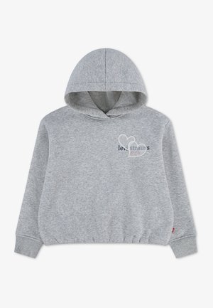 Sweat à capuche gris clair avec petit texte sur le devant et deux cœurs dessinés sur la poitrine, poignets côtelés et ourlet élastique à la taille.