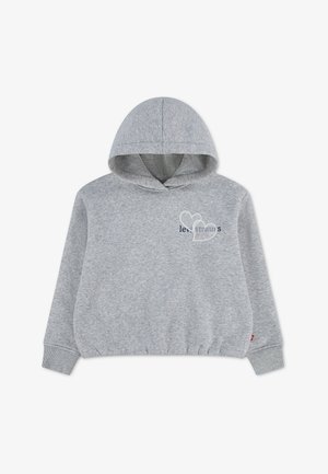 Lichtgrijze hoodie met kleine tekst aan de voorkant en twee omrande hartjes op de borst, geribde boorden en elastische taillezoom.