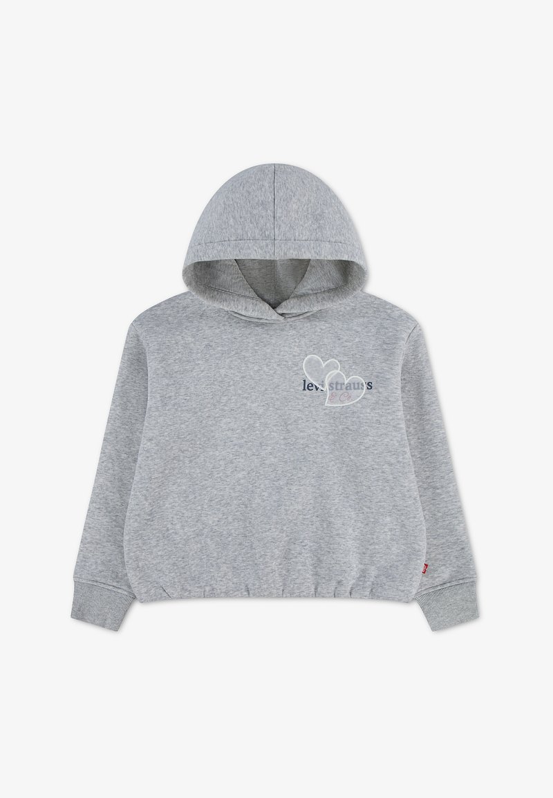 Sweat à capuche gris clair avec petit texte sur le devant et deux cœurs dessinés sur la poitrine, poignets côtelés et ourlet élastique à la taille.