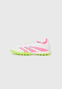 White soccer cleats with pink and neon green accents. Features include a smooth synthetic upper, textured sides, and a molded traction sole.