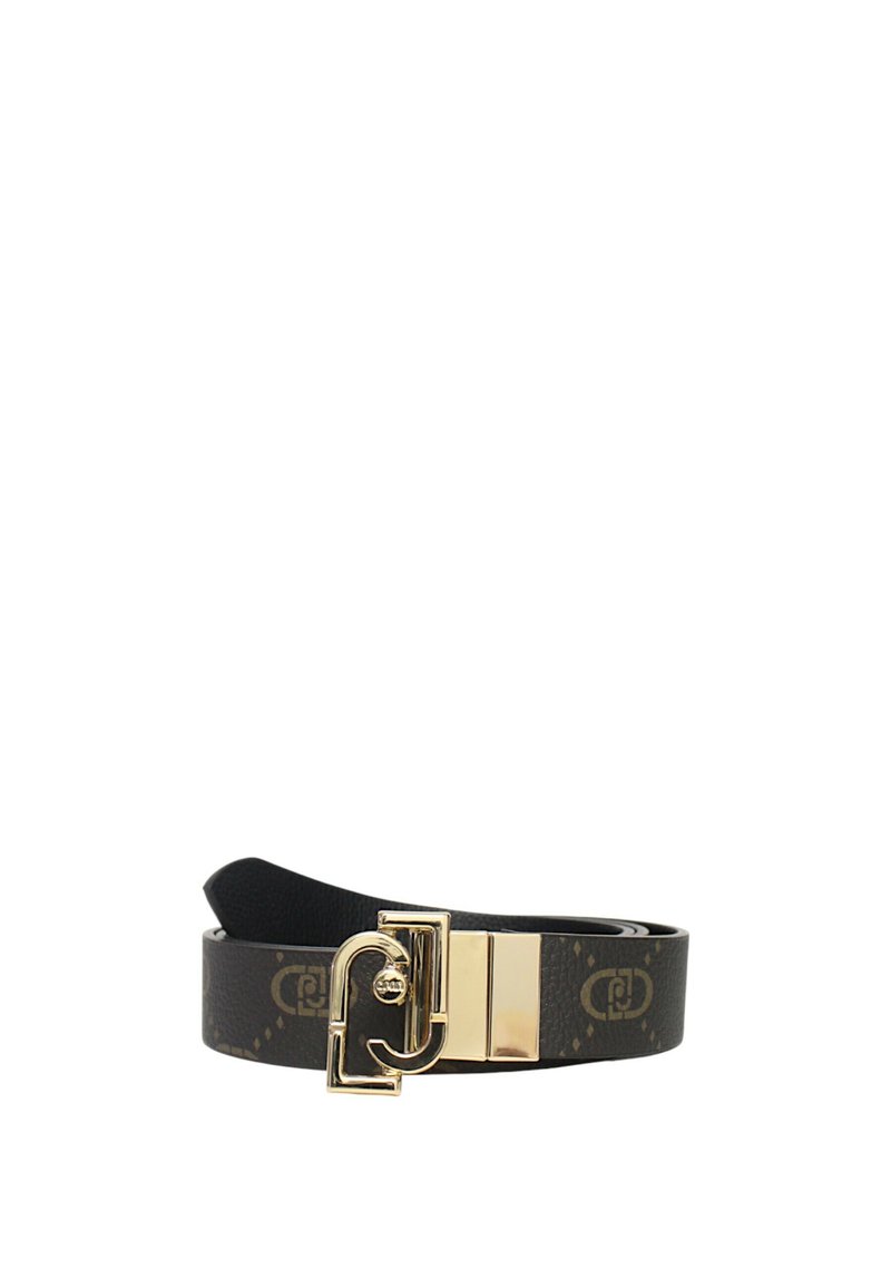 Cintura nera di design con motivo monogramma marrone e fibbia geometrica in tono oro con lettere intrecciate.