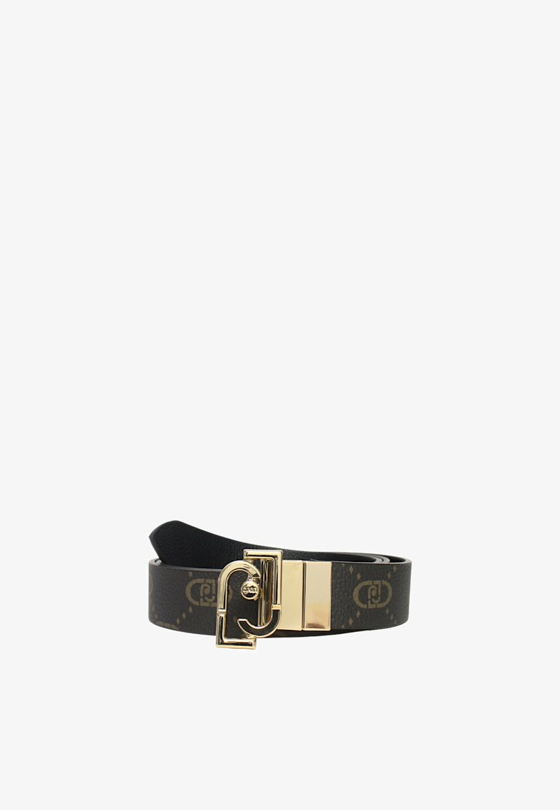 Ceinture noire de designer avec un motif monogramme marron et une boucle géométrique en ton doré avec des lettres entrelacées.