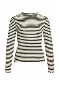 Lange mouwen top in crème met zwarte horizontale strepen. Geribbelde textuur, ronde halslijn en gekartelde zoom. Casual pasvorm.