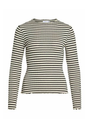 T-shirt à manches longues en crème avec des rayures horizontales noires. Texture côtelée, col rond et ourlet festonné. Coupe décontractée.