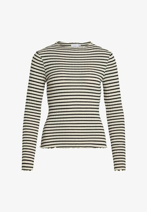 Lange mouwen top in crème met zwarte horizontale strepen. Geribbelde textuur, ronde halslijn en gekartelde zoom. Casual pasvorm.