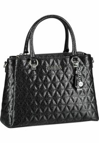 Borsa a tracolla nera in pelle sintetica con pattern a rombi, accessori in argento e dettaglio del logo. Presenta manici doppi e un charm staccabile.