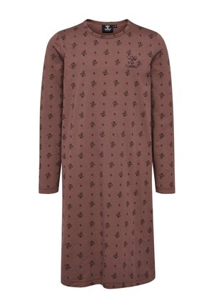 Long-sleeve, brown nightgown with a floral pattern. Made of soft fabric, featuring a round neck and simple stitching along the hem.