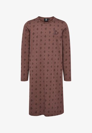 Braun langärmliges Nachthemd mit floralem Muster. Hergestellt aus weichem Stoff, mit Rundhalsausschnitt und einfacher Naht am Saum.
