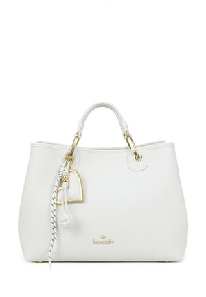 Borsa a mano in pelle bianca con due manici superiori, ferrature dorate, un charm a forma di cuore e il logo Braccialini sul davanti.