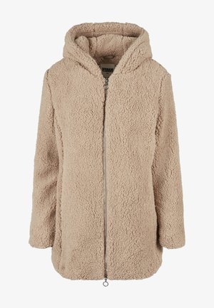 Beige zip-up huvad sherpa-fleecejacka med långa ärmar och två sidofickor, storlek XS från Urban Classics.