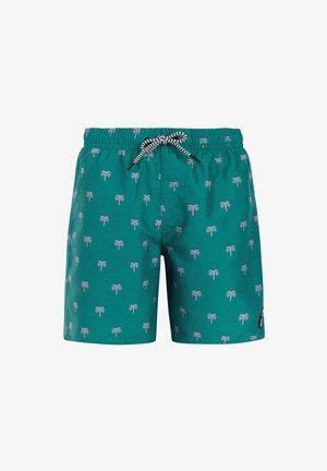 Shorts de bain bleu sarcelle avec motif de palmiers roses et cordon de serrage rayé noir et blanc à la ceinture élastique.