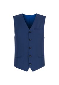Granatowa kamizelka z dekoltem w serek, pięcioma guzikami z przodu i dwoma bocznymi kieszeniami; fakturowany materiał z gładką podszewką.