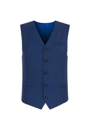 Granatowa kamizelka z dekoltem w serek, pięcioma guzikami z przodu i dwoma bocznymi kieszeniami; fakturowany materiał z gładką podszewką.