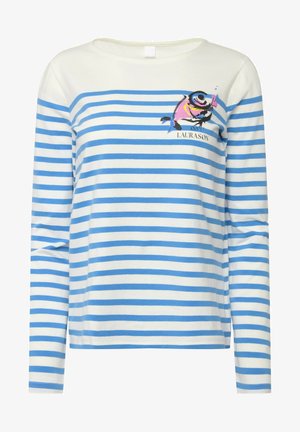 Maglietta a maniche lunghe bianca con strisce orizzontali blu. Presenta una grafica di un pesce in stile cartone animato e la scritta "LAURASON" nella zona del petto.