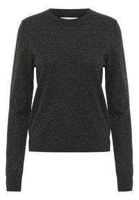 Mørkegrå sweater i blødt strikkemateriale med rund hals og lange ærmer. Enkel design uden synlige mønstre eller hardware.