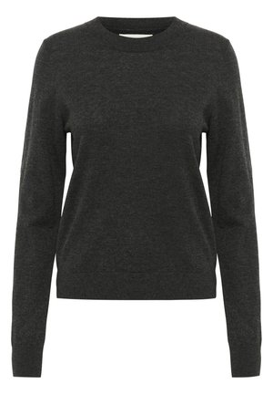 Pull gris foncé en maille douce, avec un col rond et des manches longues. Design simple sans motifs ni accessoires visibles.