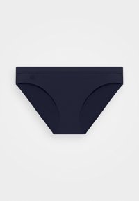 Tumed sinine bikiinialus, mis on valmistatud pehmest ja venivast kangast, omades ühtekuuluvat disaini mugava vöökoha ja diskreetse logo detailiga.