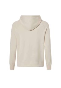 Sweat à capuche beige à manches longues vu de dos avec un design simple, sans logos ni motifs visibles.