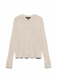 Jasnobeżowy dzianinowy kardigan z wzorem warkocza, długimi rękawami, okrągłym dekoltem i zapięciem na guziki. Miękka faktura, krótki fason.