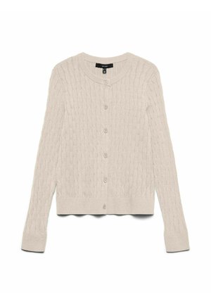 Šviesiai smėlio spalvos megztas kardiganas, puoštas kablys raštu, ilgomis rankovėmis, apvaliu iškirptės kaklu ir sagų užsegimu. Minkšta tekstūra, trumpas dizainas.