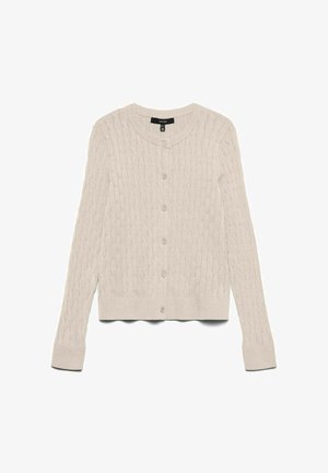 Cárdigan de punto color beige claro, con un patrón de trenza, mangas largas, cuello redondo y cierre de botones. Textura suave, diseño corto.